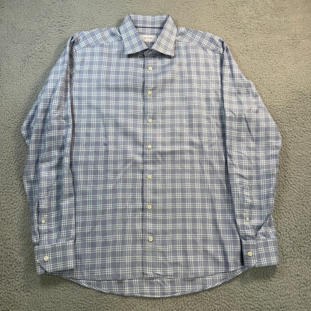 Eton Mens Slim Fit Plaid Dress Shirt 17 43 Light Blue White Cotton Spread Collar
